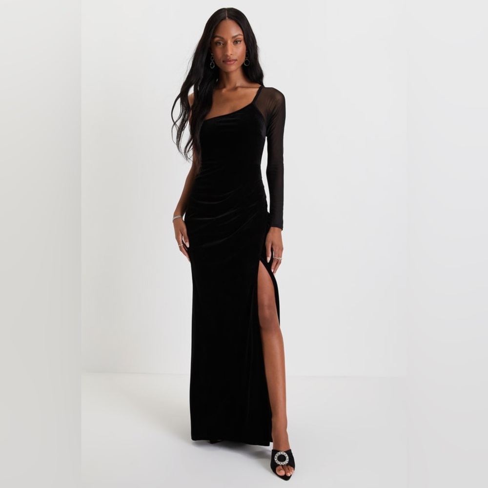 NWT Lulu’s Lavish Style Black Velvet Mesh One-Shoulder Maxi Dress - Picture 5 of 5